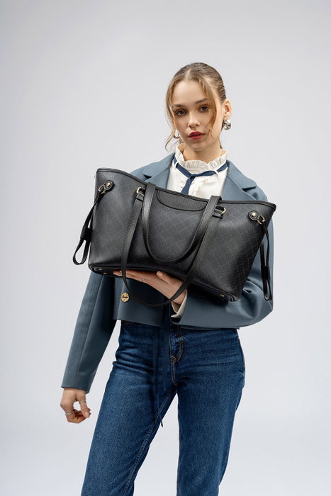 Lucky Bees 355 v2 Bolso Tote de Piel de Polivinilo Negro y Gris, 37x15x28 cm